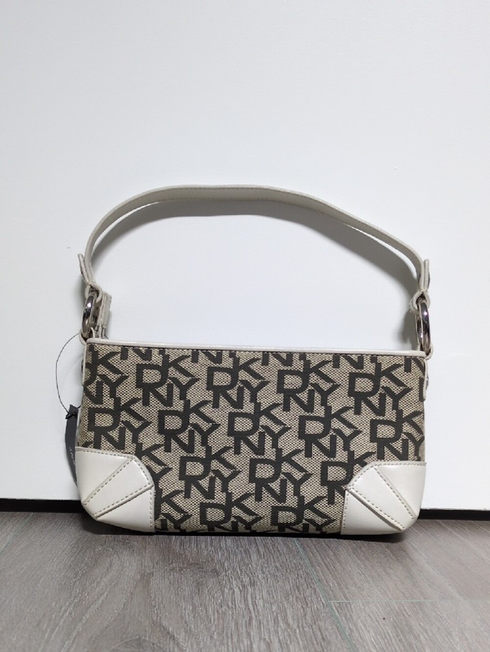 DKNY Beige Monogram Shoulder Bag with White Accents